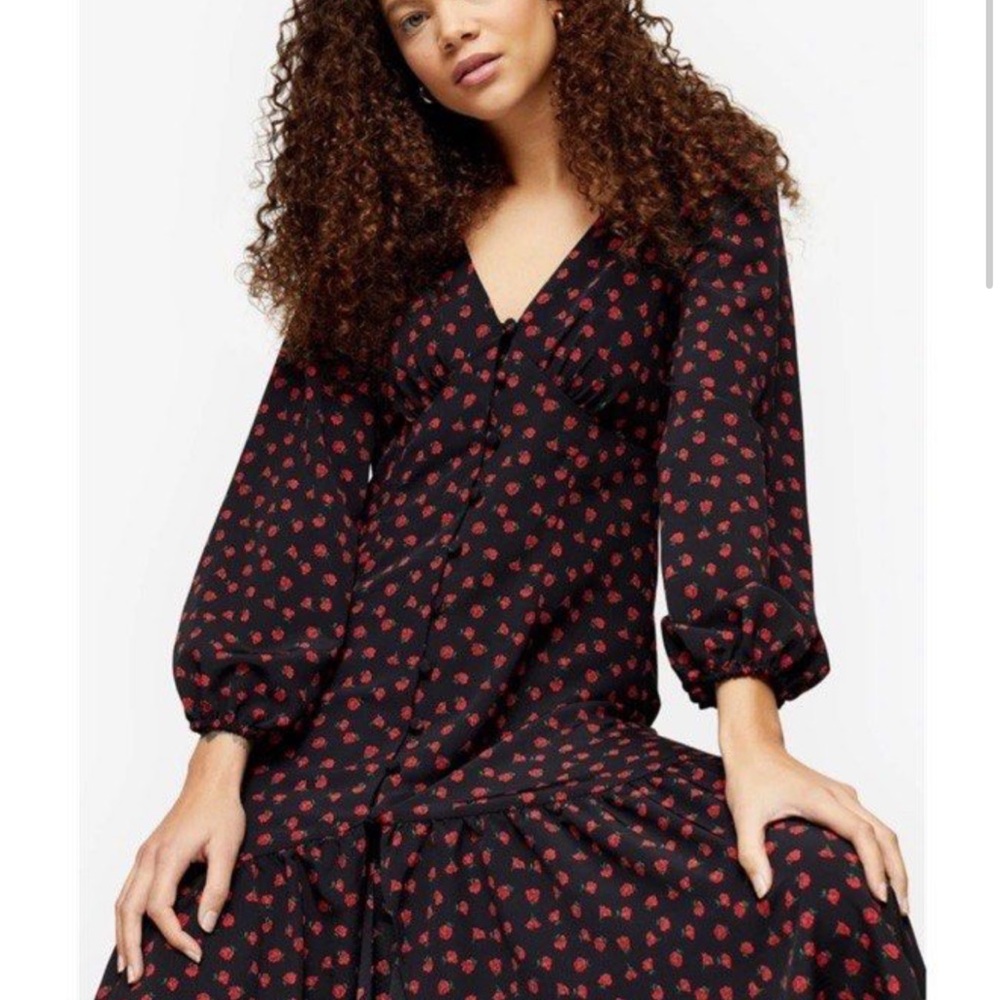 Topshop Red V-Neck Bishop Sleeve Sundress - Picture 2 of 8